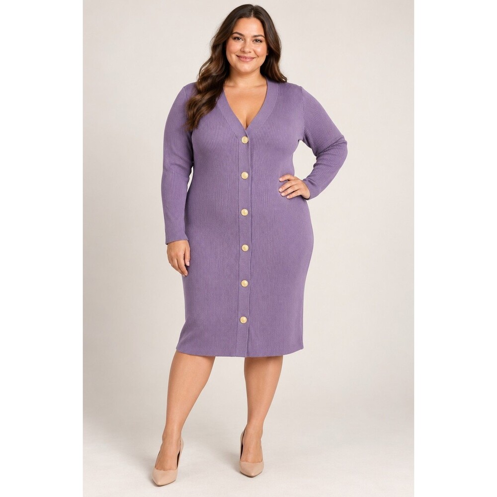 BOLD Elements Women’s Purple Ribbed Button-Front Long-Sleeve Sweater Dress Size